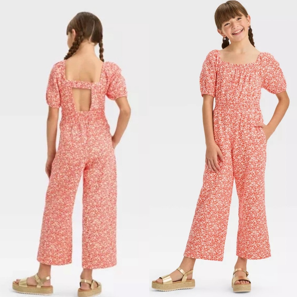 Cat & Jack Girls Red Floral‎ Puff Sleeve Jumpsuit Size L 10/12